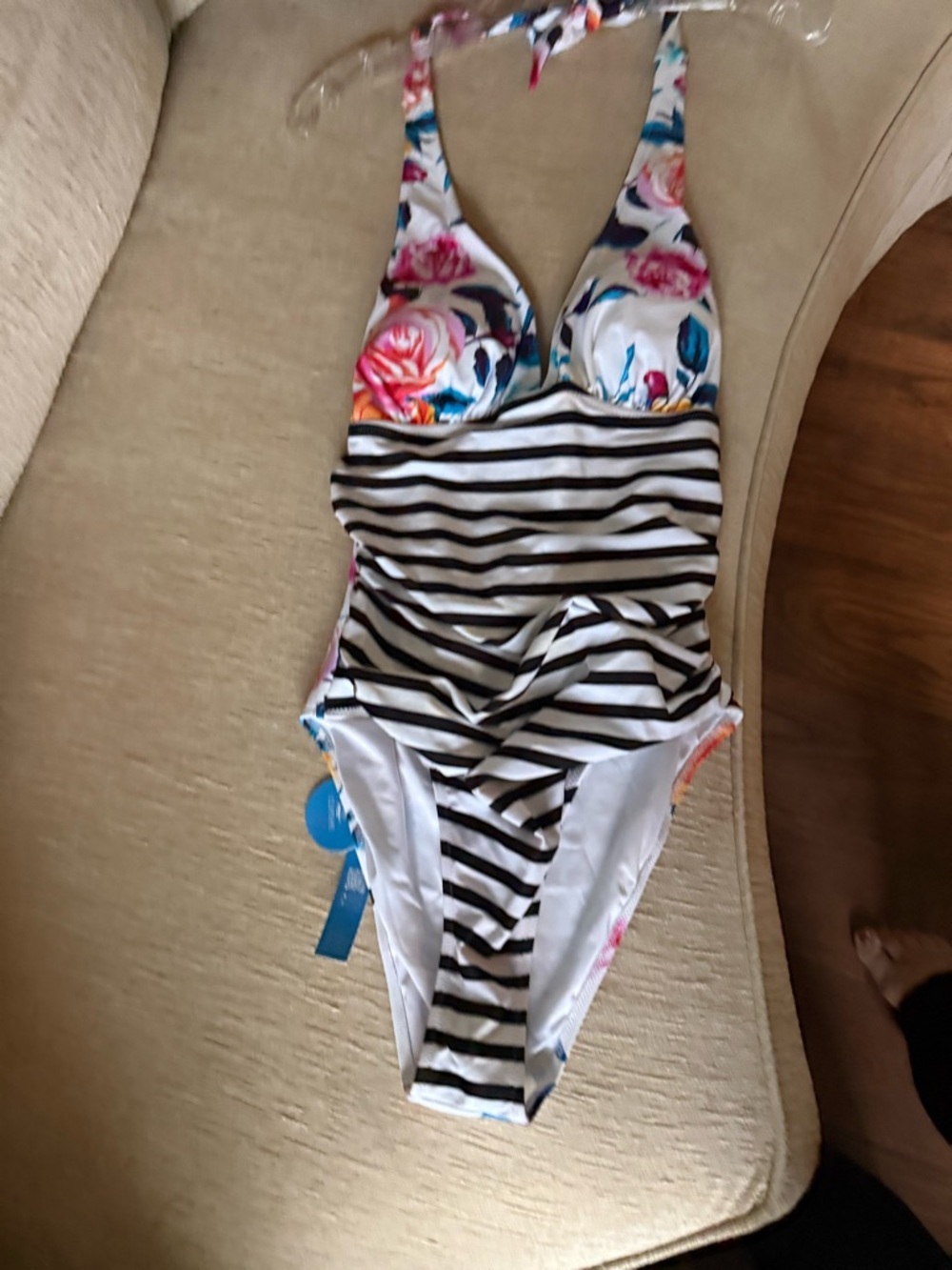 Ladies Floral & Stripe One-Piece Swimsuit - White, Black, Multicolor